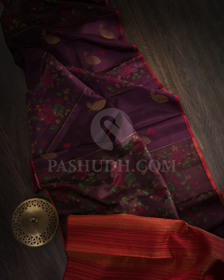 Burgundy With Red Kanjivaram Silk Saree-DJ435(A)
