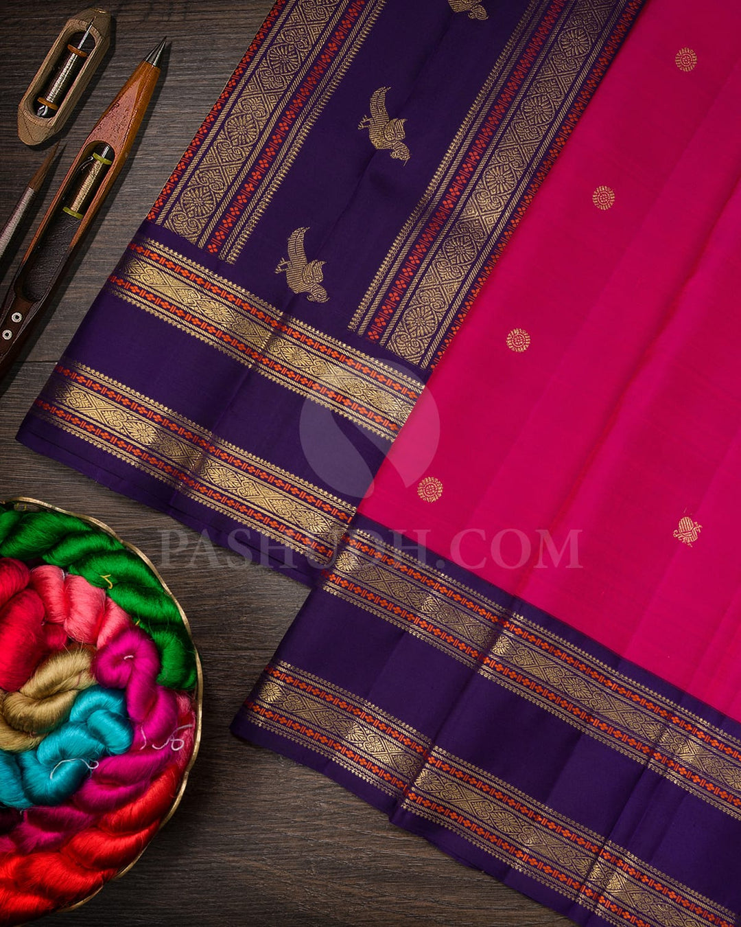 Rani Pink With Navy Blue Pure Zari Kanjivaram Silk Saree-SP386