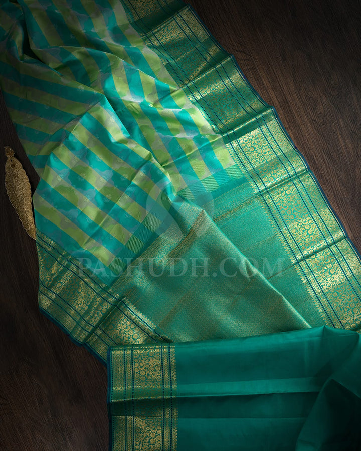 Turquoise Blue With Pear Green Kanjivaram Silk Saree-DJ432(A)