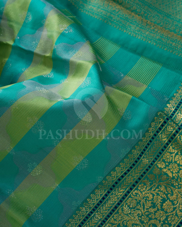 Turquoise Blue With Pear Green Kanjivaram Silk Saree-DJ432(A)