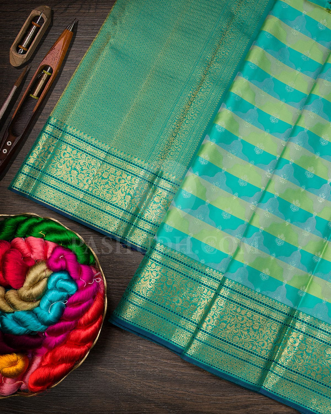Turquoise Blue With Pear Green Kanjivaram Silk Saree-DJ432(A)