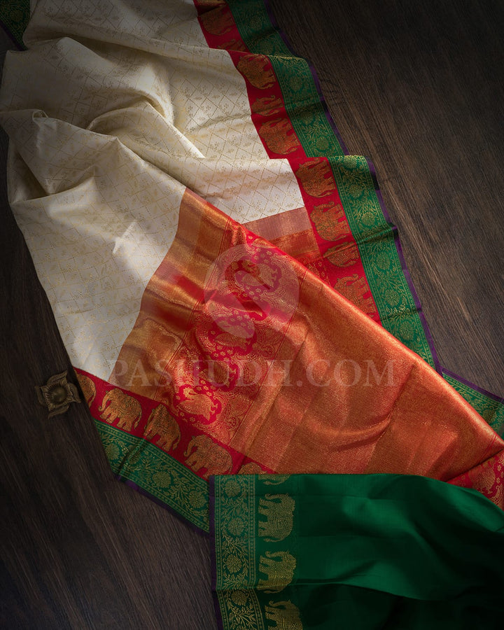Half White With Dual Shaded Red And Green Kanjivaram Silk Saree-S1597(C)