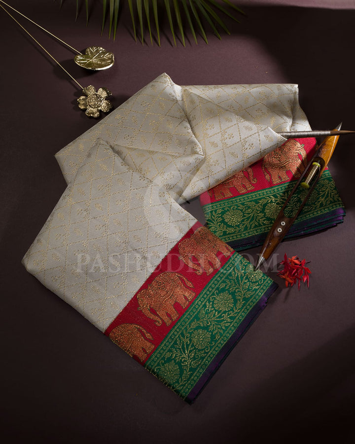 Half White With Dual Shaded Red And Green Kanjivaram Silk Saree-S1597(C)