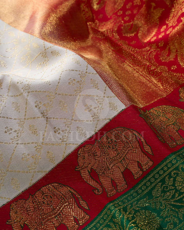 Half White With Dual Shaded Red And Green Kanjivaram Silk Saree-S1597(C)