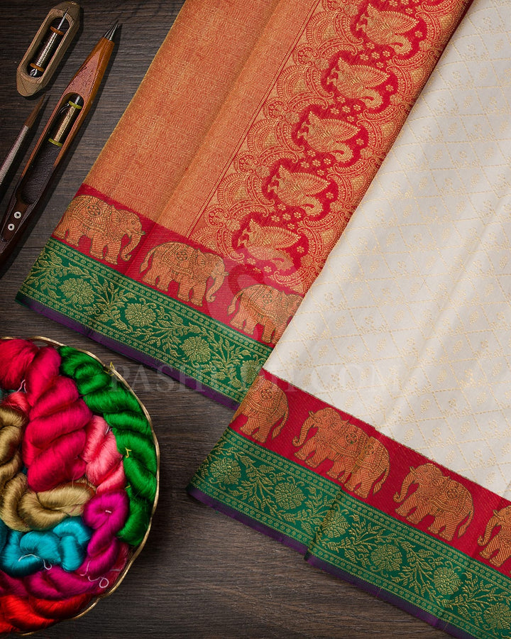 Half White With Dual Shaded Red And Green Kanjivaram Silk Saree-S1597(C)