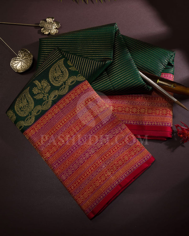Bottle Green With Red And Magenta Bridal Kanjivaram Silk Saree-S1664(A)