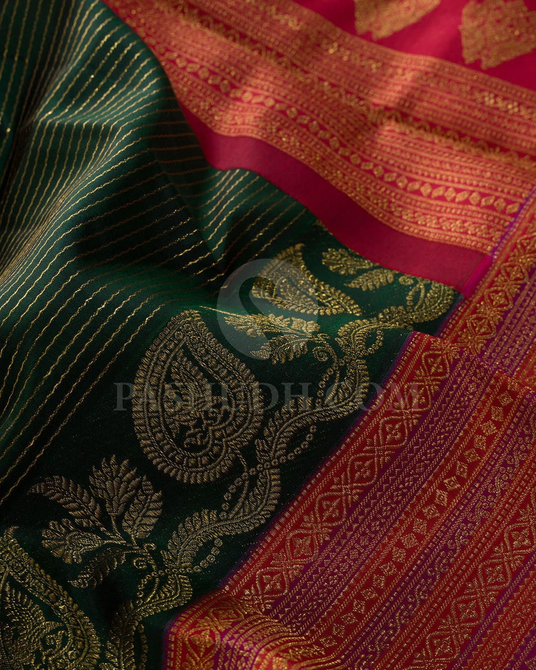 Bottle Green With Red And Magenta Bridal Kanjivaram Silk Saree-S1664(A)