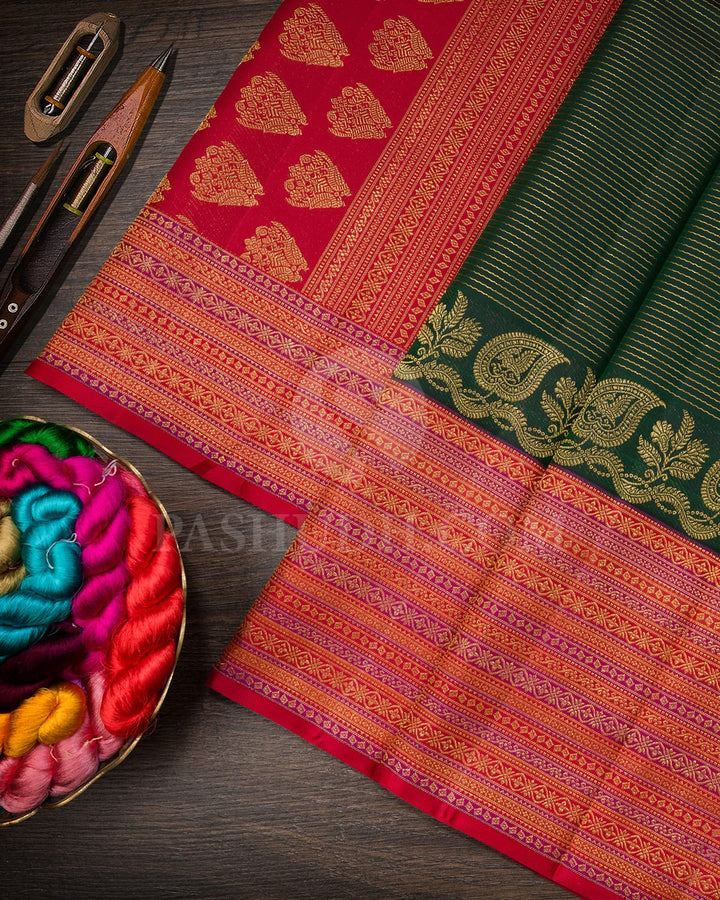 Bottle Green With Red And Magenta Bridal Kanjivaram Silk Saree-S1664(A)