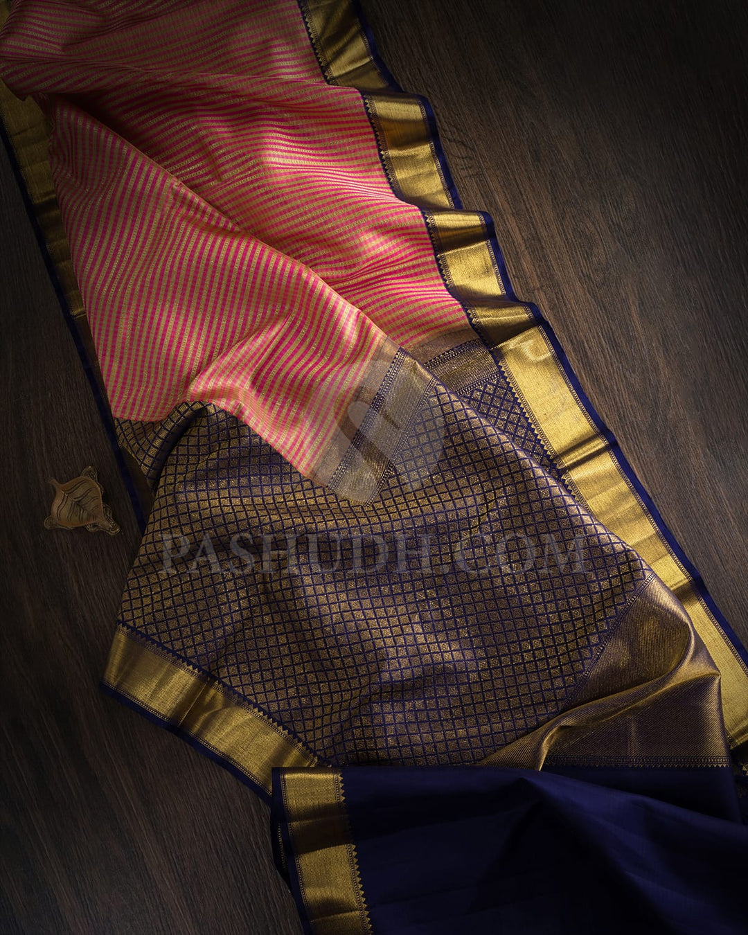 Peach Shot Beige With Navy Blue Kanjivaram Silk Saree-S1624(C)