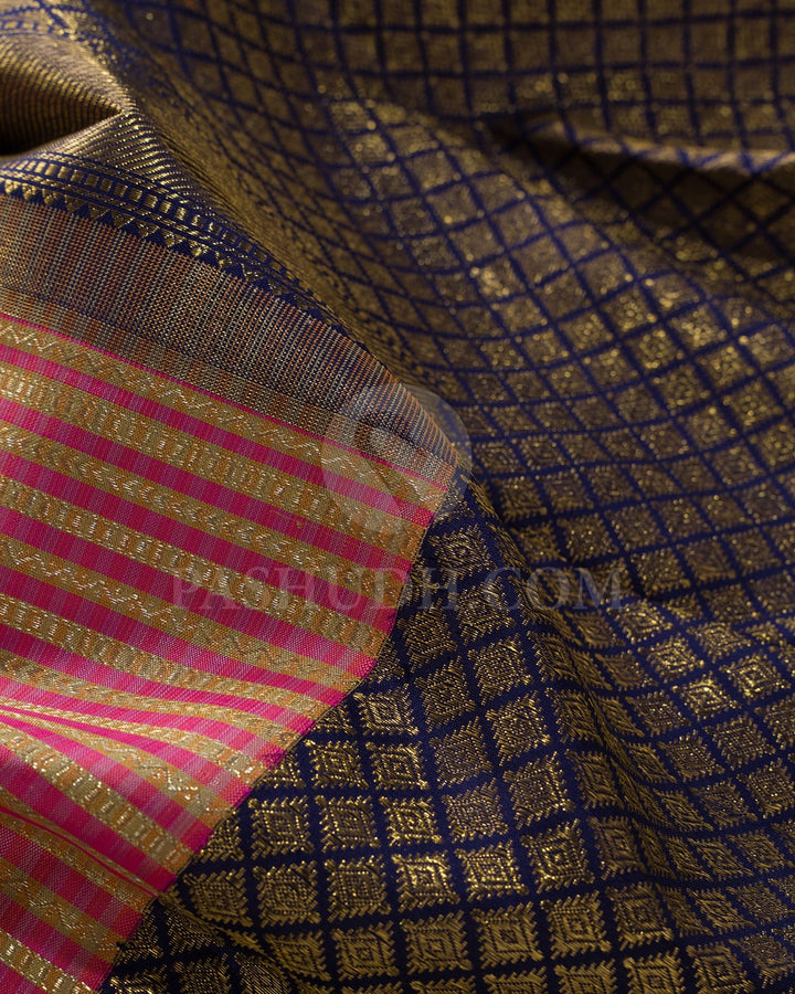 Peach Shot Beige With Navy Blue Kanjivaram Silk Saree-S1624(C)