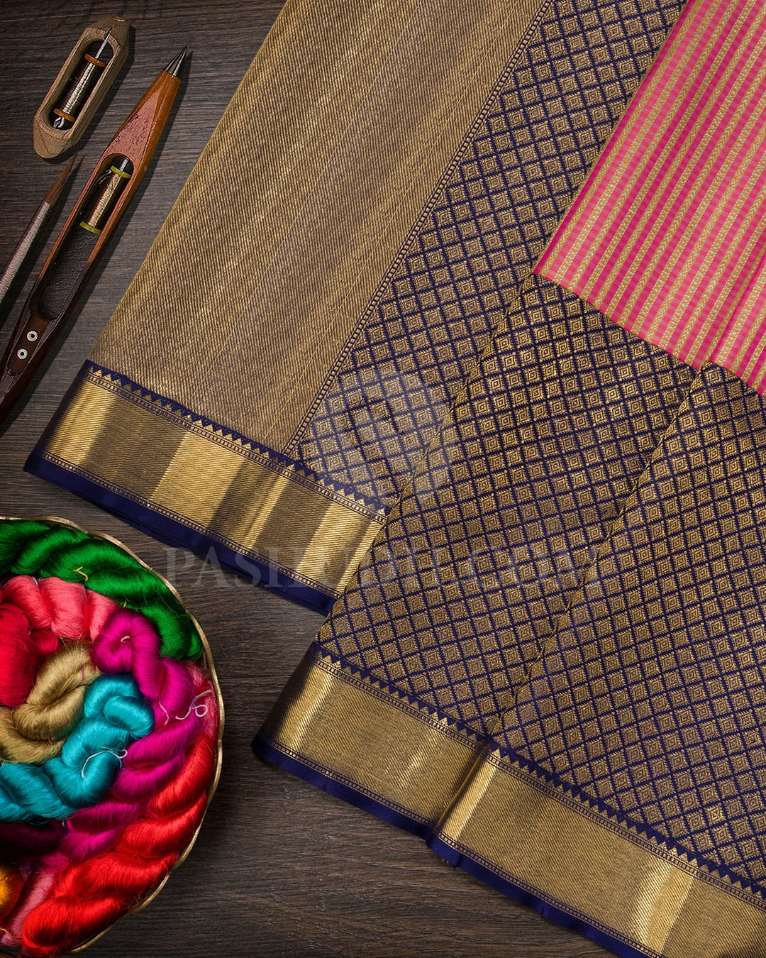 Peach Shot Beige With Navy Blue Kanjivaram Silk Saree-S1624(C)