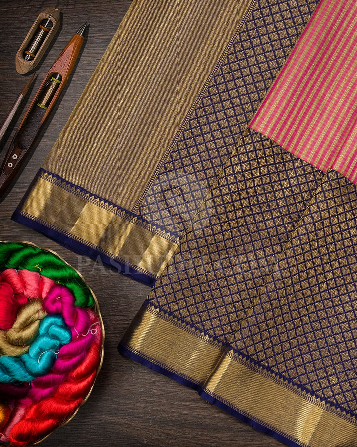 Peach Shot Beige With Navy Blue Kanjivaram Silk Saree-S1624(C)