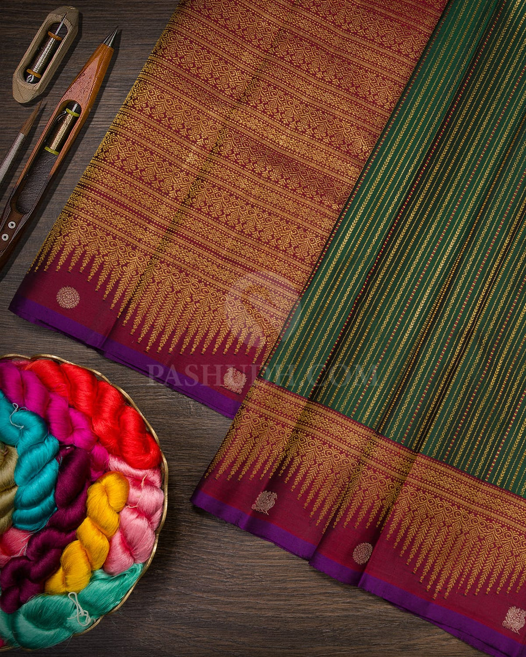 Dark Green With Maroon Kanjivaram Silk Saree-S1494(E)