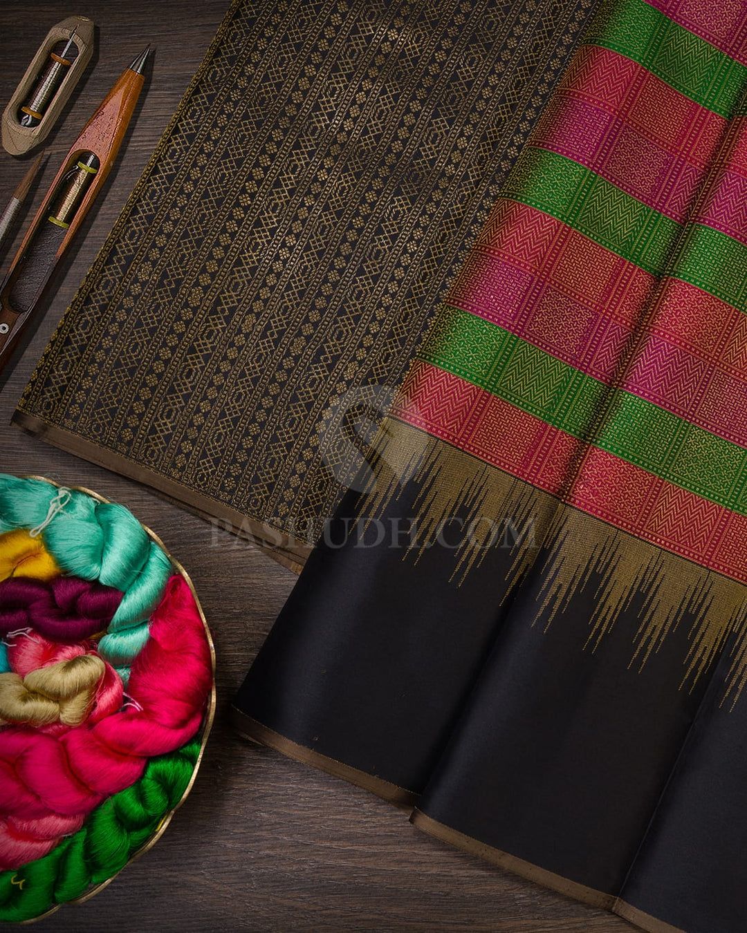 Shades Of Pink, Emerald Green And Black Kanjivaram Silk Saree-DJ436(B)