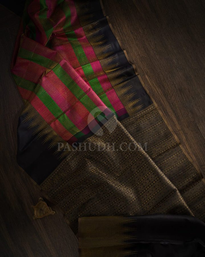 Shades Of Pink, Emerald Green And Black Kanjivaram Silk Saree-DJ436(B)