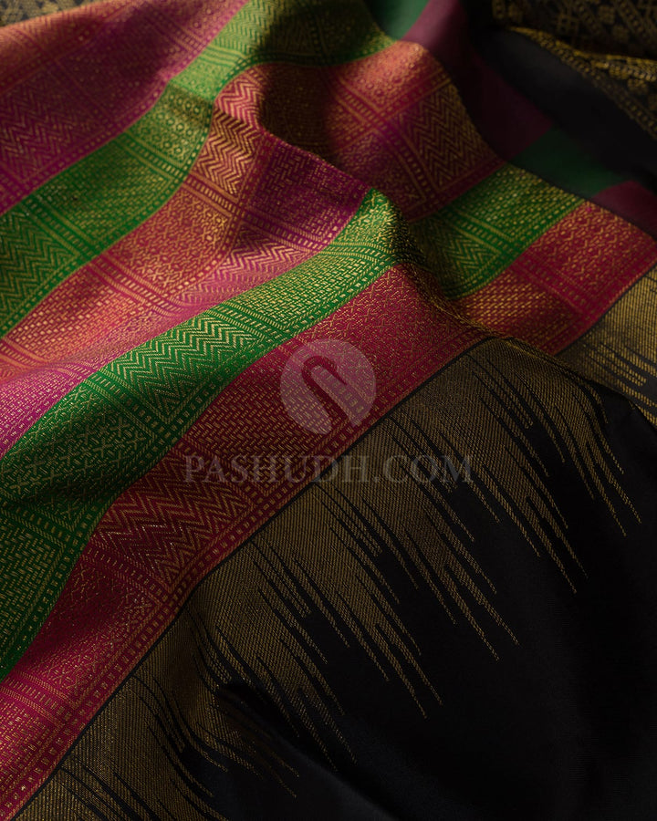 Shades Of Pink, Emerald Green And Black Kanjivaram Silk Saree-DJ436(B)