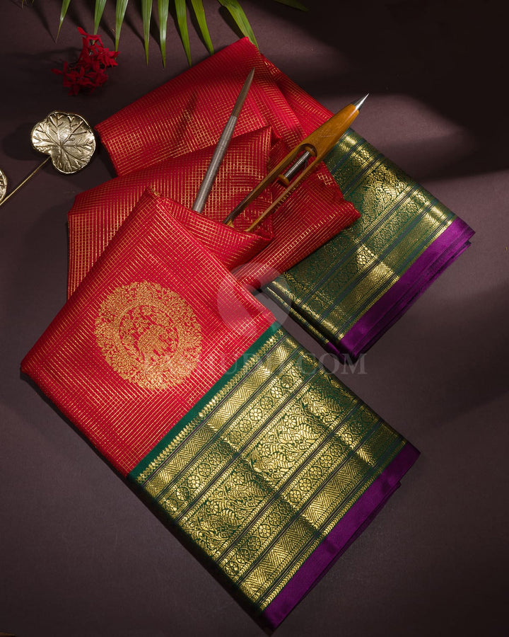 Red With Bottle Green Kanjivaram Silk Saree-S1583(B)