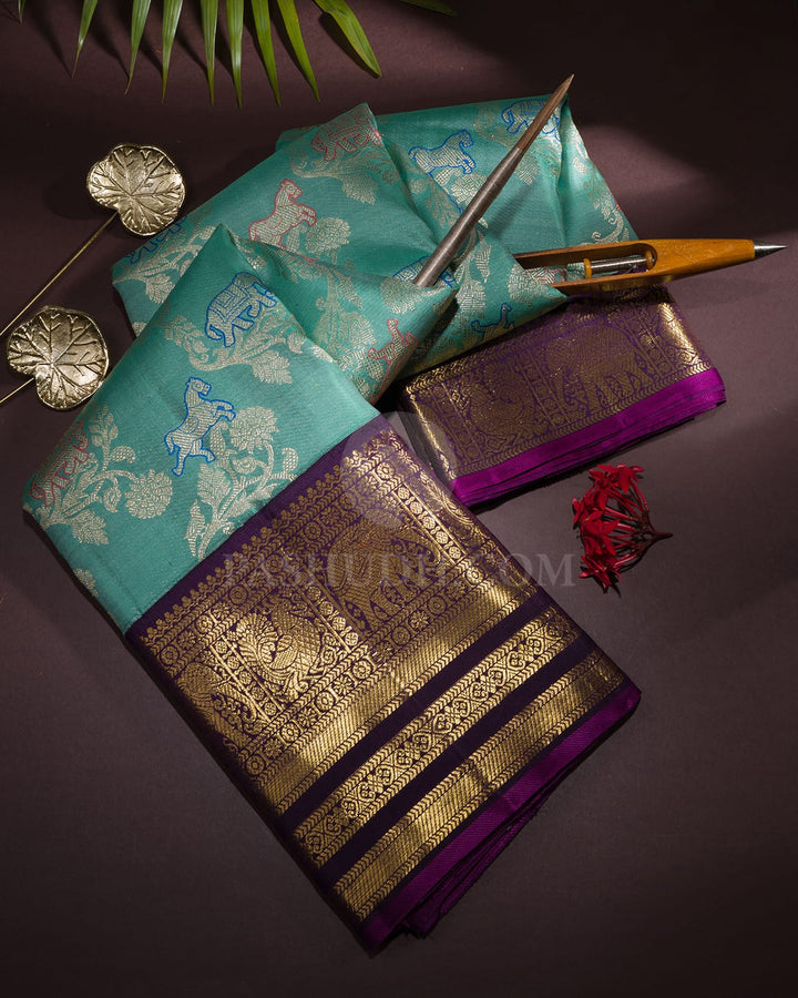 Pastel Teal Blue With Eggplant Purple Kanjivaram Silk Saree-S1676(A)