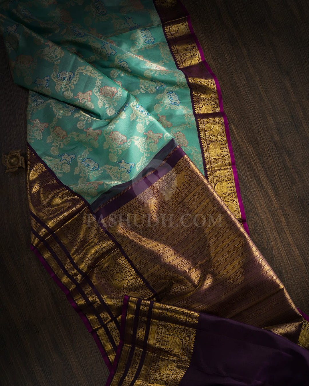 Pastel Teal Blue With Eggplant Purple Kanjivaram Silk Saree-S1676(A)