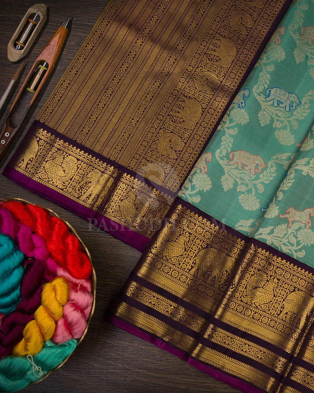 Pastel Teal Blue With Eggplant Purple Kanjivaram Silk Saree-S1676(A)