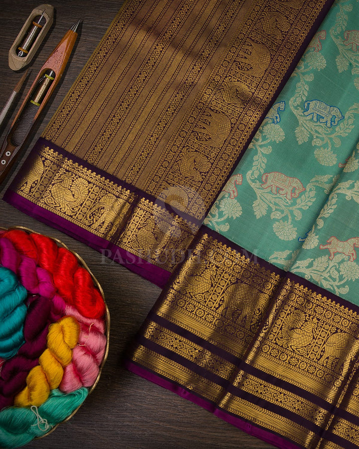 Pastel Teal Blue With Eggplant Purple Kanjivaram Silk Saree-S1676(A)