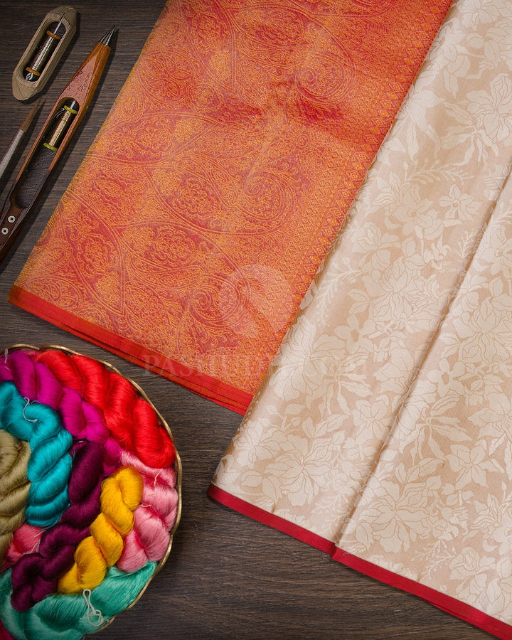 Beige And Orange Shot Red Kanjivaram Silk Saree-DJ422(C)