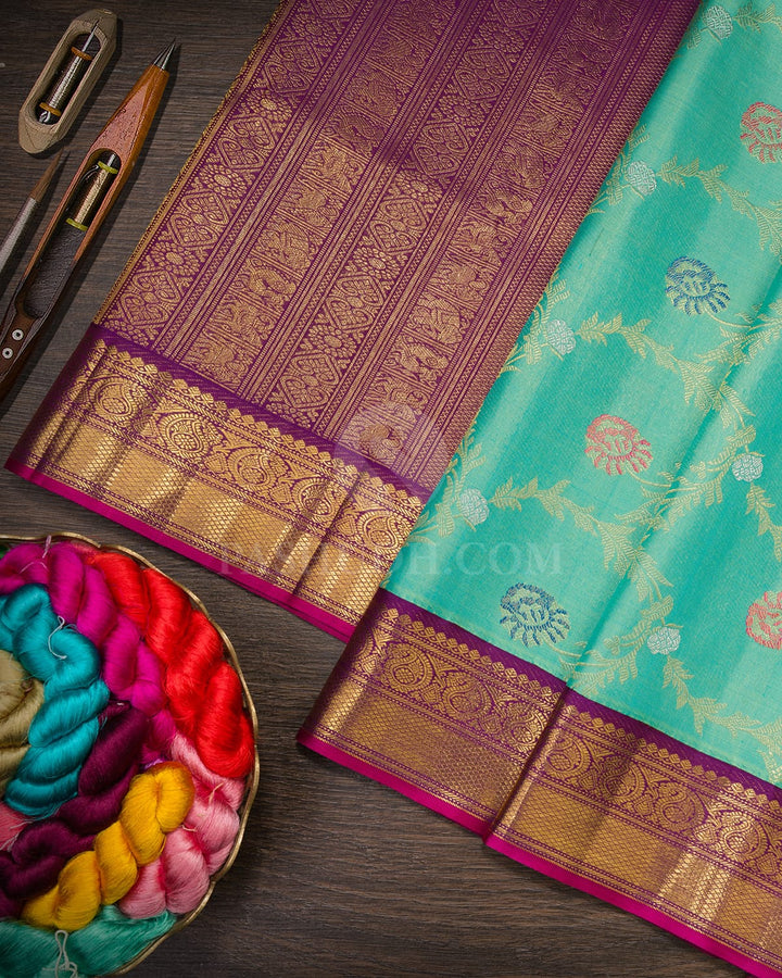 Cyan With Violet Kanjivaram Silk Saree-S1458(C)