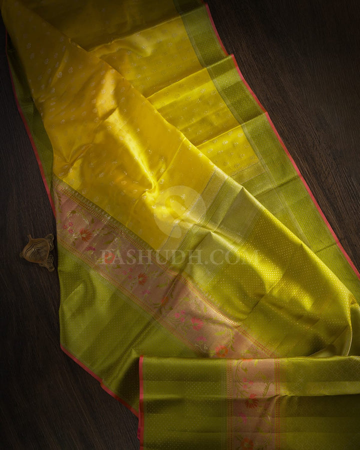 Lemon Yellow And Pear Green Kanjivaram Silk Saree-D663(D)
