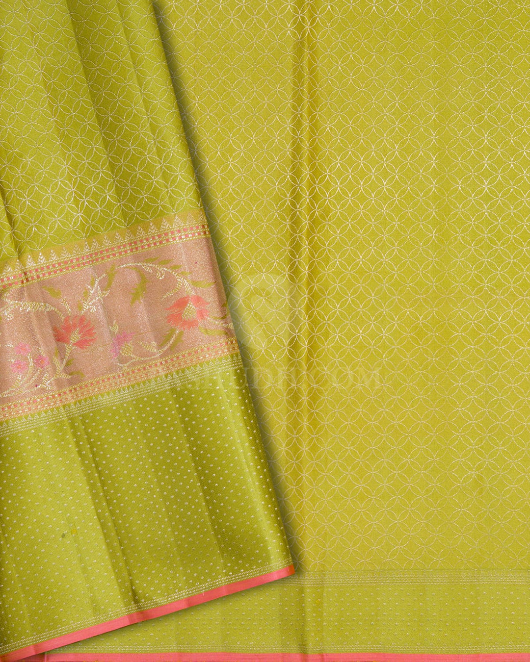 Lemon Yellow And Pear Green Kanjivaram Silk Saree-D663(D)