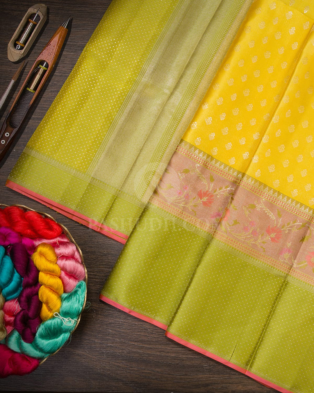Lemon Yellow And Pear Green Kanjivaram Silk Saree-D663(D)
