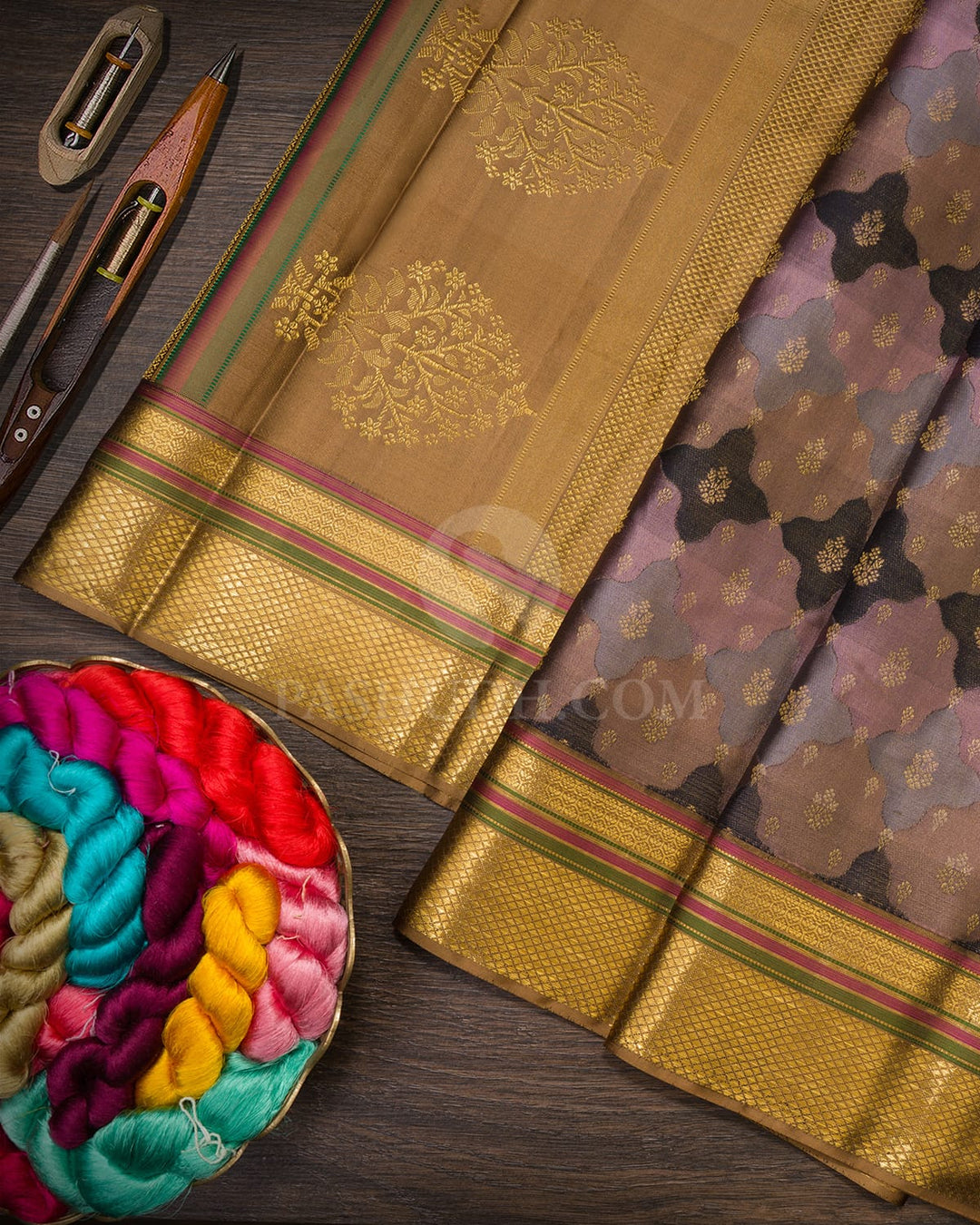 Taupe,Grey,Mild Chocolate Brown,Black And Khaki Kanjivaram Silk Saree-D661(C)