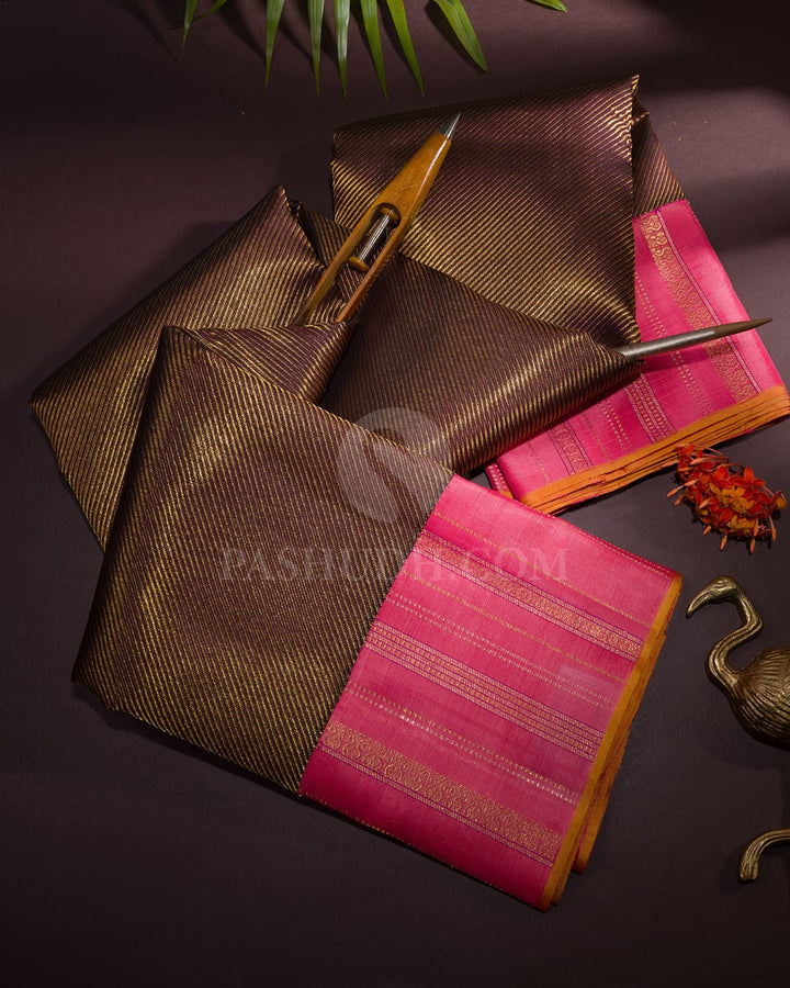 Black Shot Brown And Baby Pink Kanjivaram Silk Saree-S1449(C)