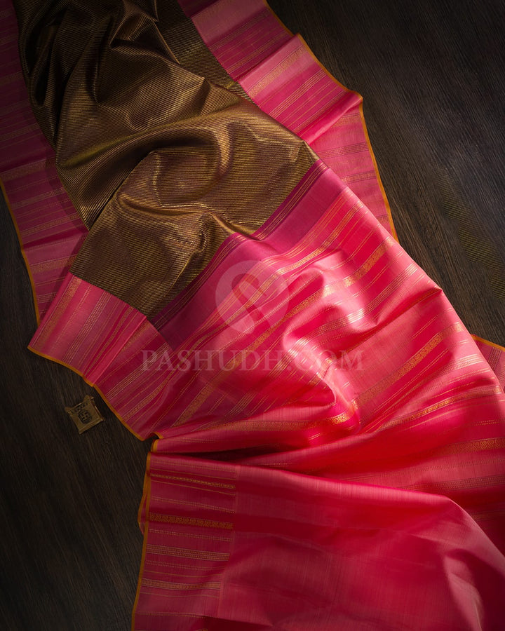 Black Shot Brown And Baby Pink Kanjivaram Silk Saree-S1449(C)