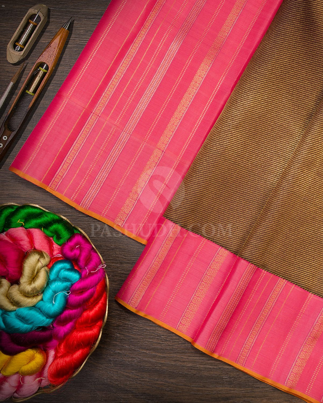 Black Shot Brown And Baby Pink Kanjivaram Silk Saree-S1449(C)