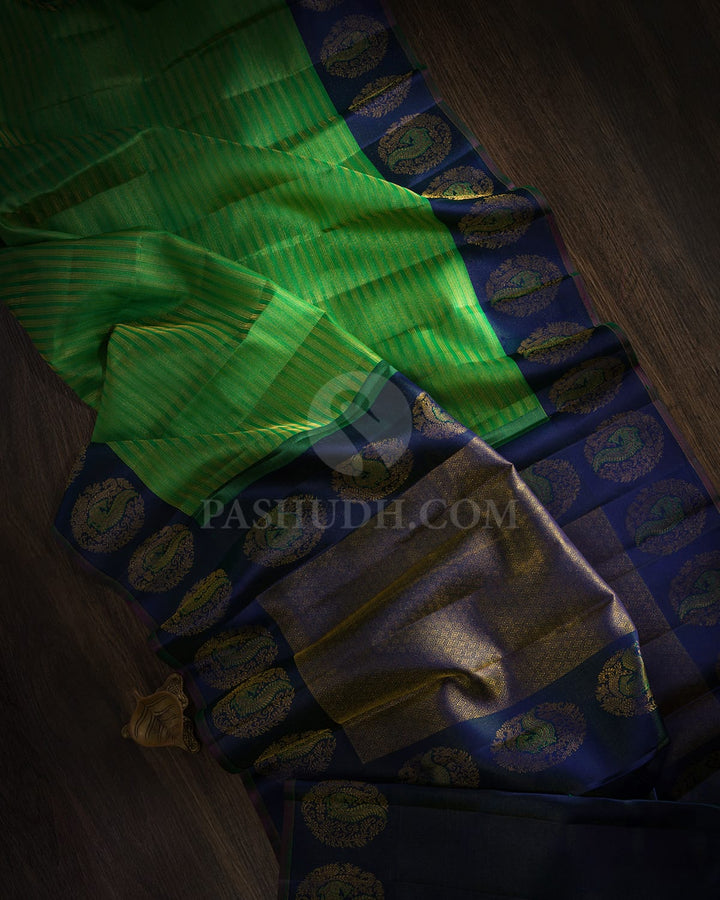 Parrot Green With Cobalt Blue Kanjivaram Silk Saree-DJ439(A)