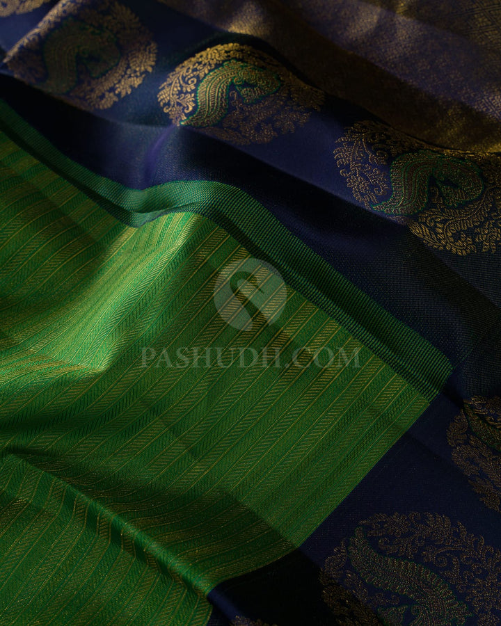 Parrot Green With Cobalt Blue Kanjivaram Silk Saree-DJ439(A)