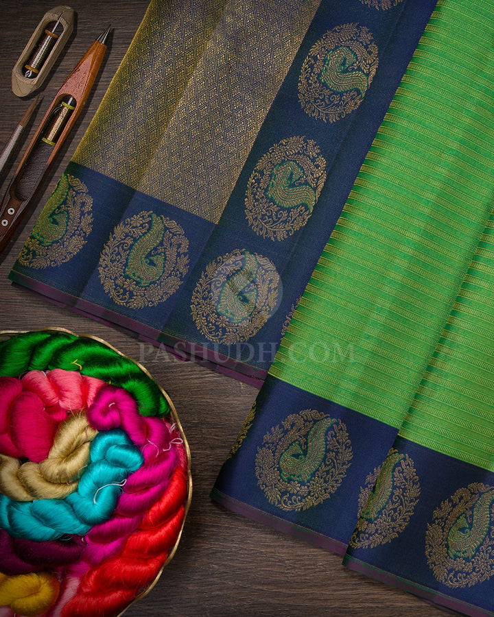 Parrot Green With Cobalt Blue Kanjivaram Silk Saree-DJ439(A)