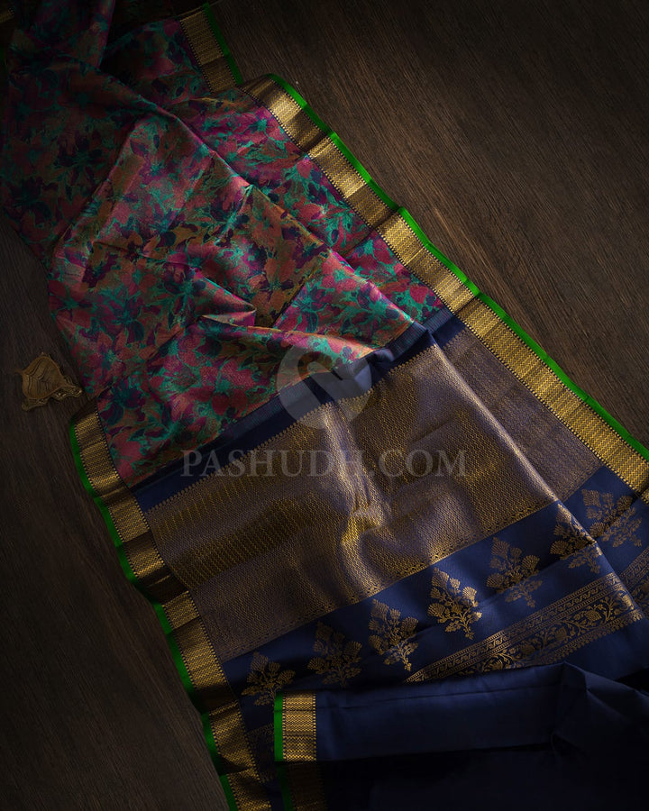 Sea Green,Rani Pink And Navy Blue Kanjivaram Silk Saree-DJ428(D)