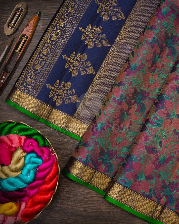 Sea Green,Rani Pink And Navy Blue Kanjivaram Silk Saree-DJ428(D)