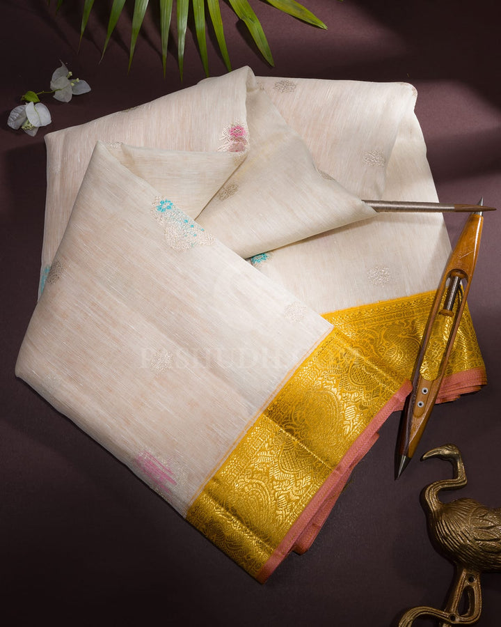 Half White And Mango Yellow Kanjivaram Silk Saree-S1539(B)