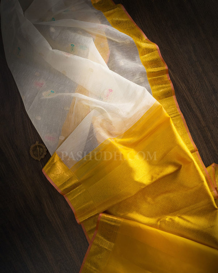 Half White And Mango Yellow Kanjivaram Silk Saree-S1539(B)