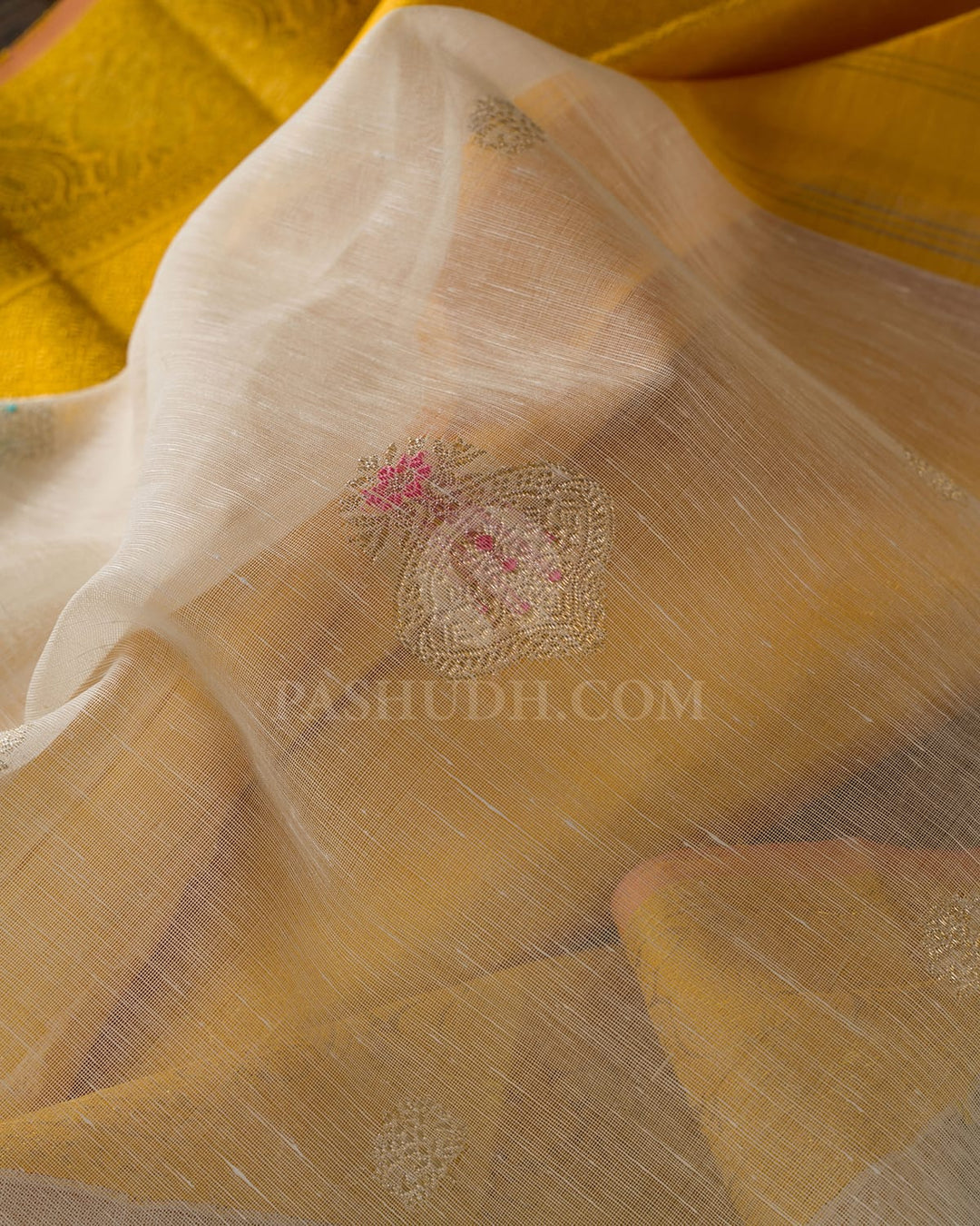 Half White And Mango Yellow Kanjivaram Silk Saree-S1539(B)