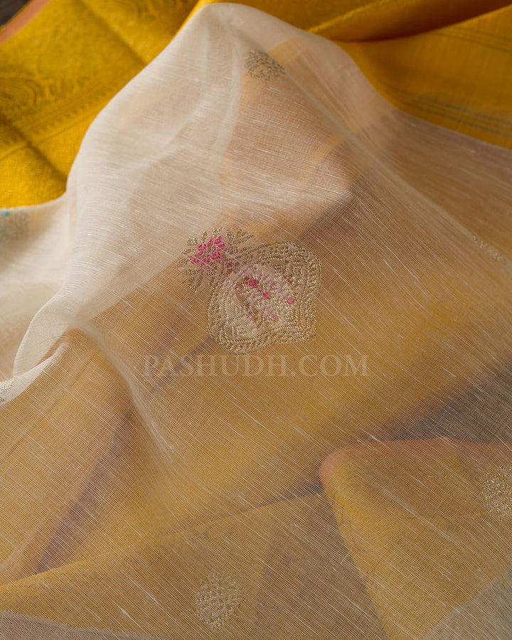 Half White And Mango Yellow Kanjivaram Silk Saree-S1539(B)