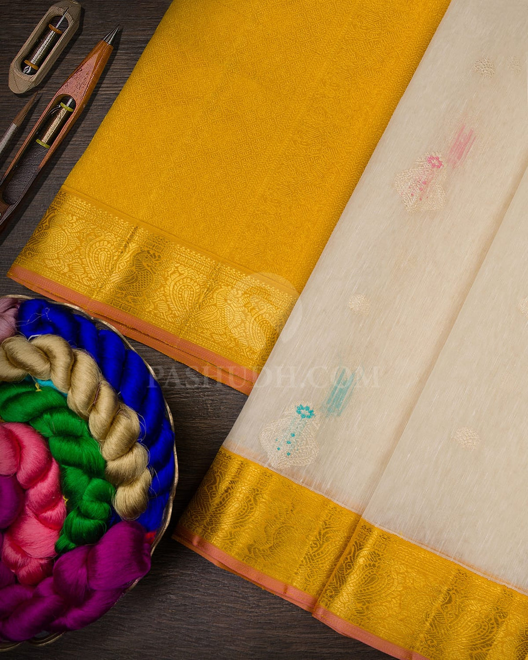 Half White And Mango Yellow Kanjivaram Silk Saree-S1539(B)