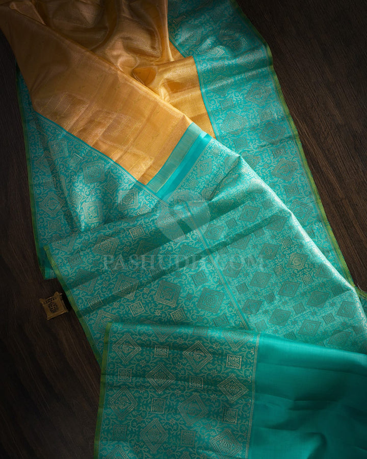 Golden Yellow With Sky Blue Kanjivaram Silk Saree-S1627(B)