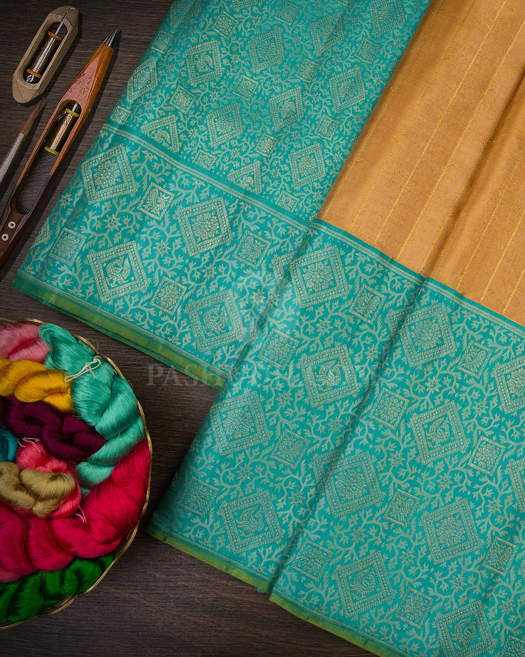 Golden Yellow With Sky Blue Kanjivaram Silk Saree-S1627(B)