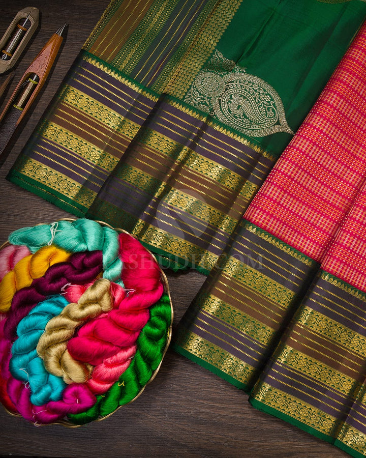 Rani Pink With Bottle Green Kanjivaram Silk Saree-S1177(C)