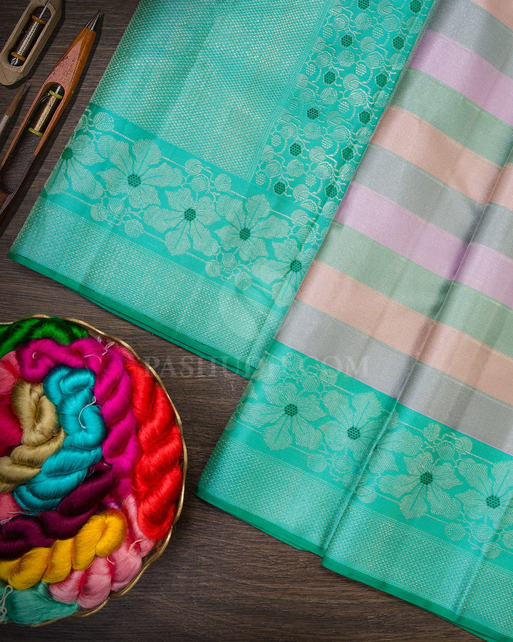 Mulit-hued Pastel Shade With Sky Blue Kanjivaram Silk Saree-DT316(A)