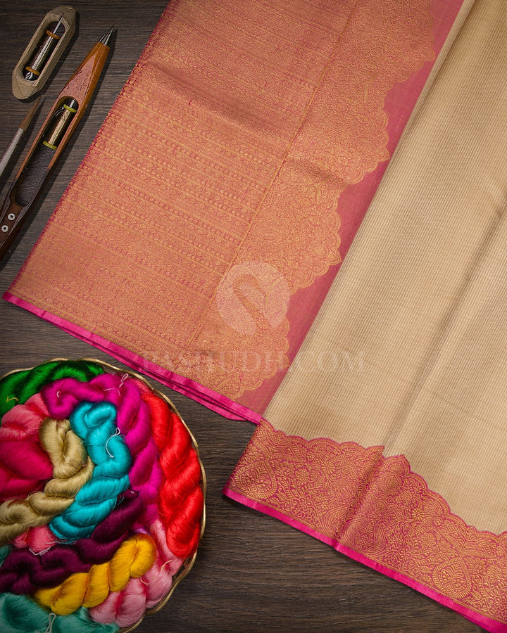 Beige With Pink Kanjivaram Silk Saree-S1684(A)