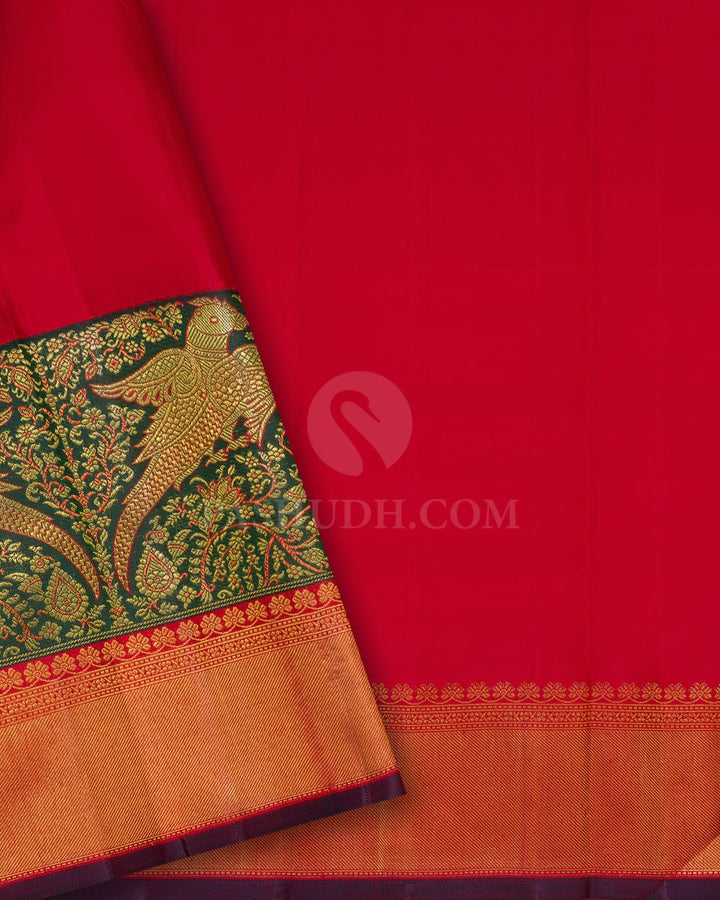 Subtle Gold,Dark Green And Red Kanjivaram Silk Saree-S1580(C)
